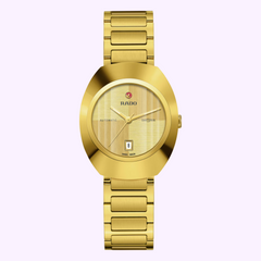 The Rado Watches DiaStar Original Automatic R12171253 features a gold round face, gold dial, date display at 6 o’clock, and a gold link bracelet, displayed on a light purple background.