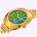 Gold-tone Rado Watches DiaStar Original R12161313 automatic watch with a green patterned dial, diamond hour markers, and a day-date window.