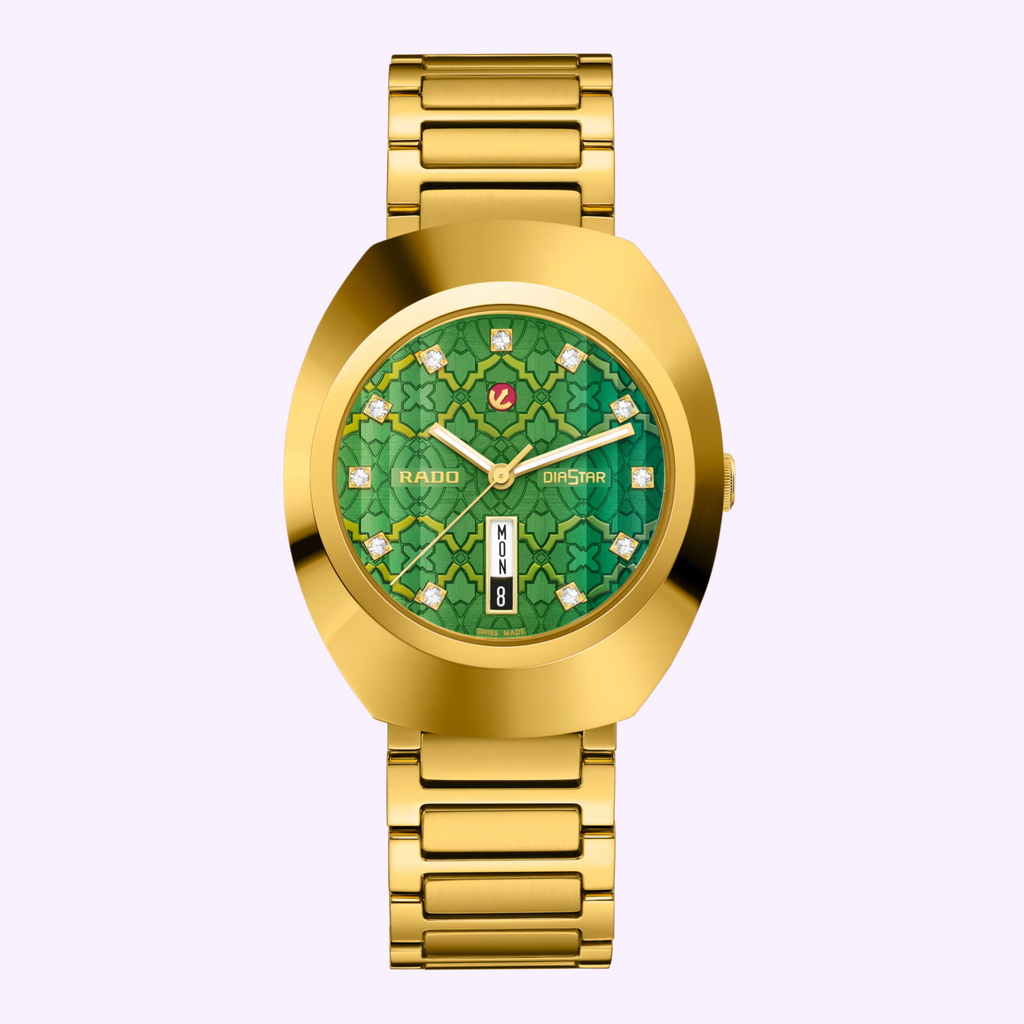 Rado DiaStar Original R12161313 with oval gold-tone case, iridescent green mosaic dial and day-date window at 6 o'clock