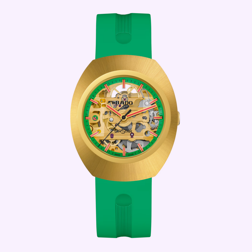 Rado DiaStar Original Skeleton Limited Edition R12166309 with gold-tone oval case, skeletonized movement and green rubber strap