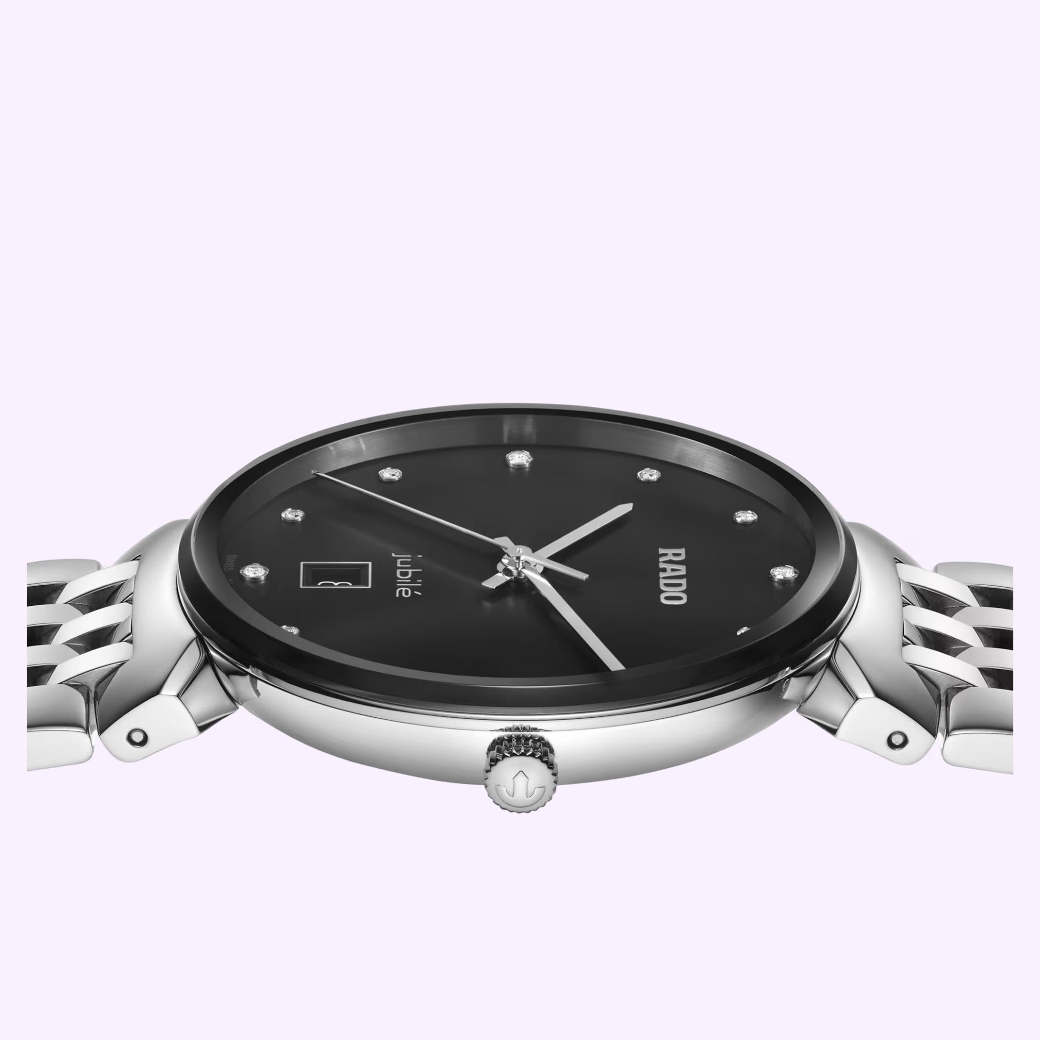 A close-up side view of the Rado Watches Florence Diamonds R48912733 in stainless steel, featuring a black dial with diamond hour markers and a silver metal band, set against a light purple background.