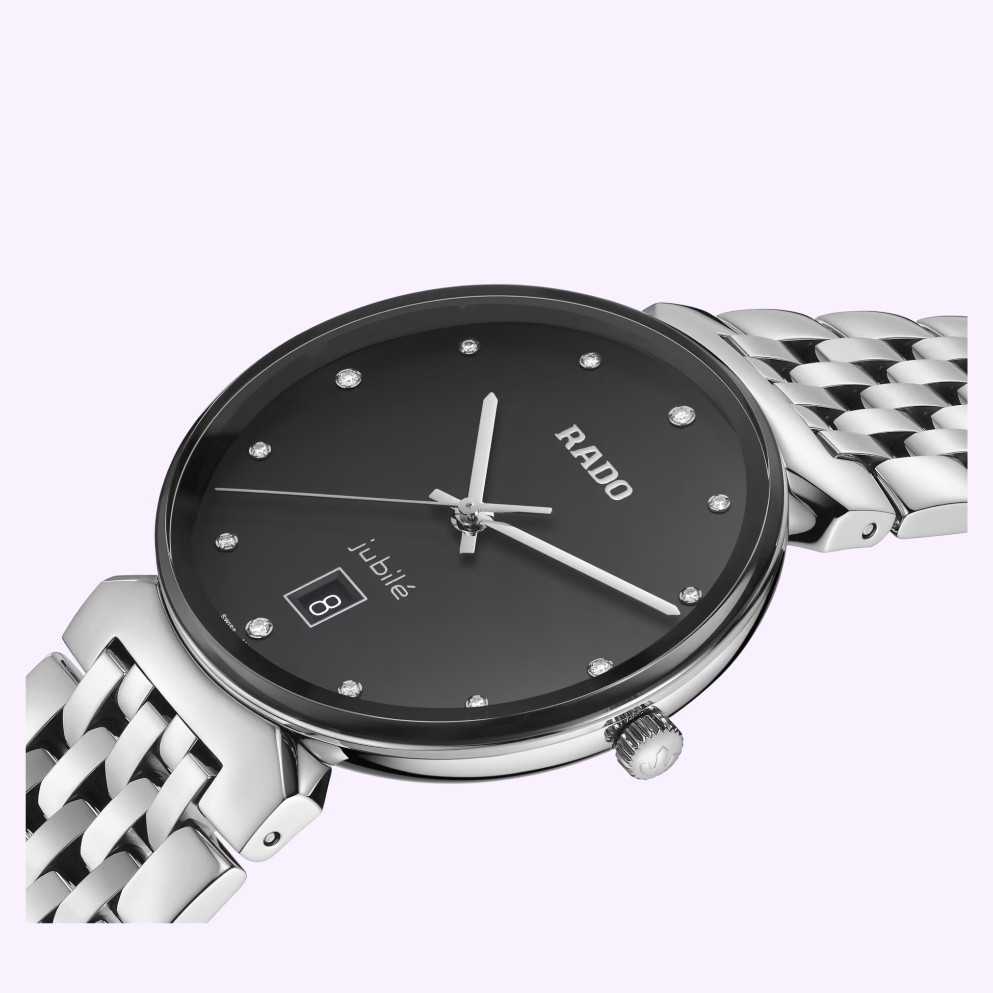 A close-up of the Rado Watches Florence Diamonds R48912733, featuring a stainless steel case, black dial with silver markers, date window at 6 o'clock, metal link band, and precision quartz movement.