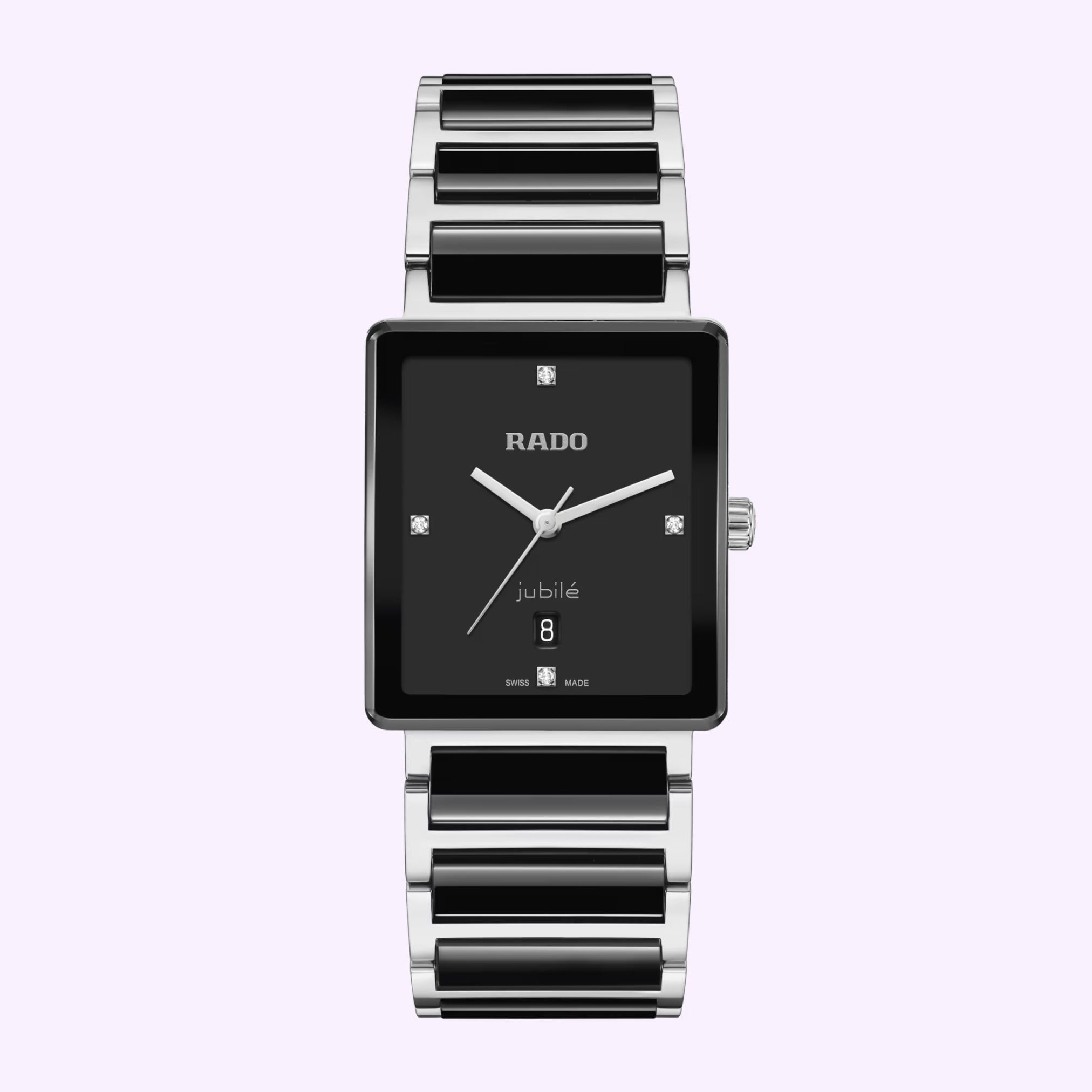 The Rado Watches Integral Diamonds R20255712 features a silver and black rectangular case, black face with silver hands, diamond hour markers, a 6 o’clock date window, and an alternating black and silver link band.