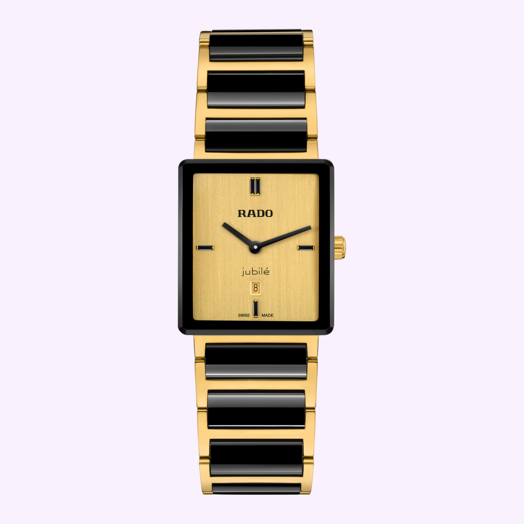 Rado Integral Limited Edition R20254702 rectangular gold-tone watch with black high-tech ceramic links, gold dial and black baguette diamonds
