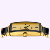 Side profile of a Rado Watches Integral Limited Edition R20254702 featuring a gold-toned rectangular case with a black high-tech ceramic frame, gold dial, and black links on the band.