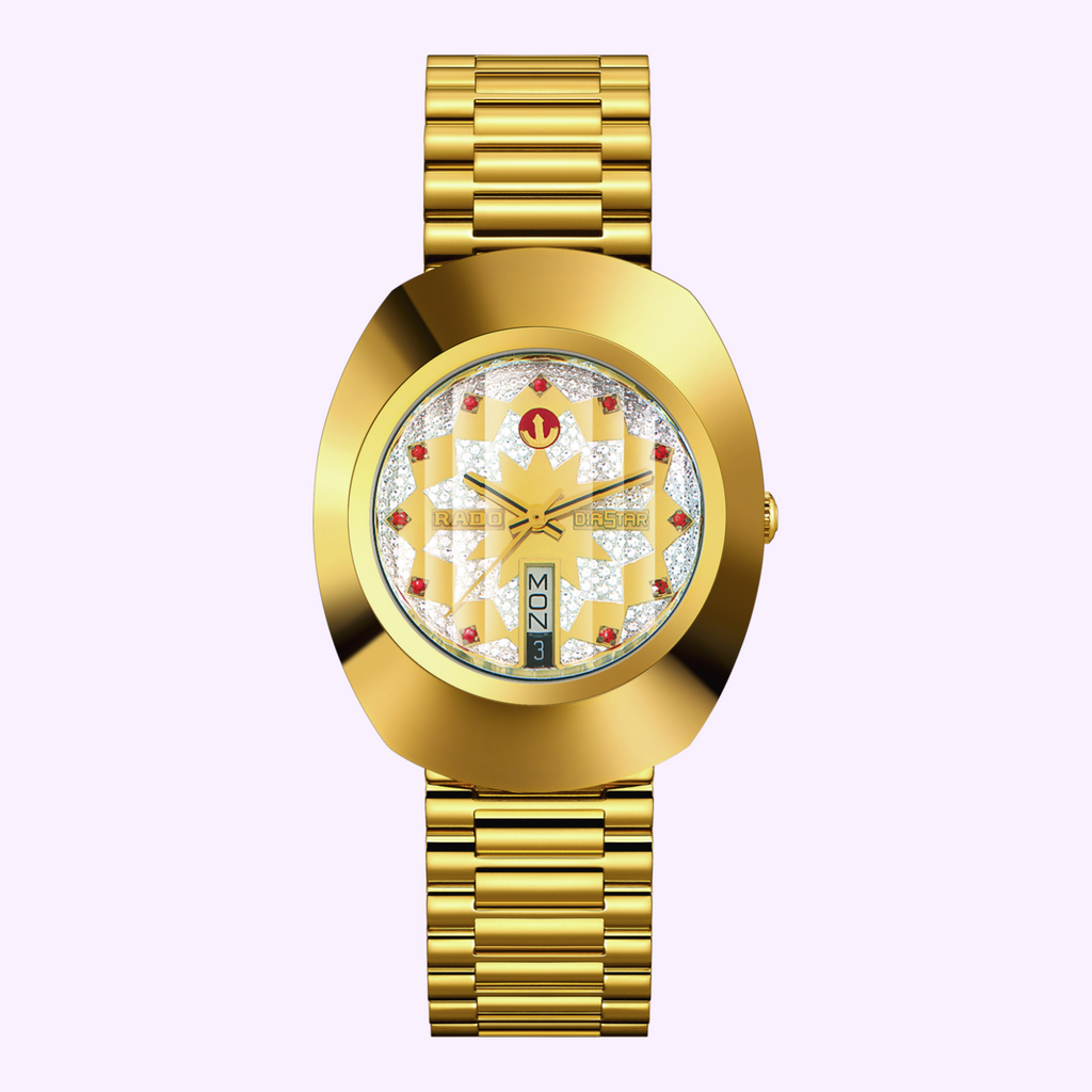Rado The Original Automatic R12413073 men's oval DiaStar watch with gold-tone CVD hardmetal case, champagne dial and gold PVD bracelet