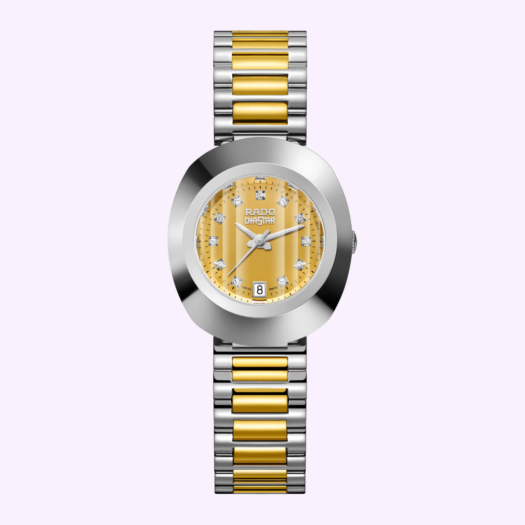 Rado The Original R12307304 oval watch with gold dial, diamond hour markers, date display and two-tone bracelet
