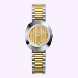 Rado Watches The Original R12307304 oval-shaped wristwatch featuring a gold dial, diamond hour markers, a date display, and a two-tone silver and gold link bracelet.