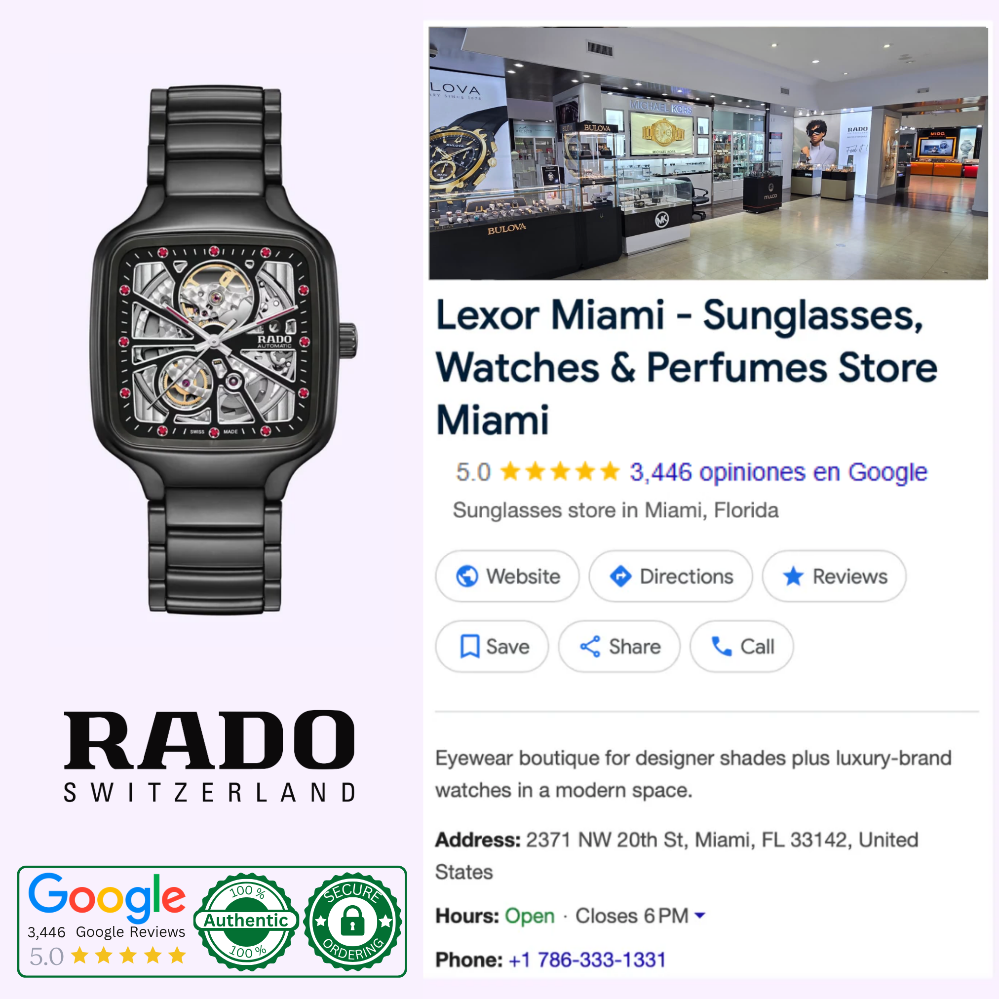 On the left is the Rado Watches True Square Open Heart X Ji Chang-wook Limited Edition R27174712, a black Swiss-made luxury watch. On the right appears a Google listing for Lexor Miami boutique with photos and contact info.