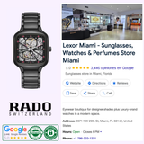 On the left is the Rado Watches True Square Open Heart X Ji Chang-wook Limited Edition R27174712, a black Swiss-made luxury watch. On the right appears a Google listing for Lexor Miami boutique with photos and contact info.