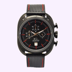 Introducing the Rapp RP2042 The Motorboat Men Watches Lexor Miami by Rapp Watches—a black stainless steel timepiece featuring a round face with three subdials, a date window, and a carbon fiber genuine leather strap accented by bold red stitching. Silver hands and markers add sophistication, while two push buttons on the right side enhance functionality. This watch is the perfect choice for enthusiasts of Motorboat Men Watches seeking both standout style and performance.