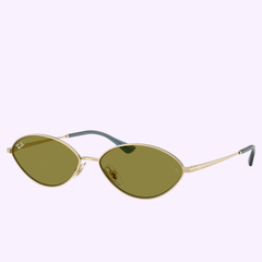 Ray-Ban Kai Sunglasses 0RB3757 9213/2 Unisex with gold oval frames, olive green lenses, and thin temples with dark tips and white branding on the left lens, displayed on a light purple background.