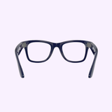 The Ray-Ban Meta Gen 2 - RW4012 601CH52 Shiny Cosmic Blue sunglasses by Ray-Ban Meta Sunglasses (UPC: 8056262721438), featuring black rectangular frames with thick rims and arms reminiscent of classic Wayfarer smart glasses, are showcased from the front against a light purple background.