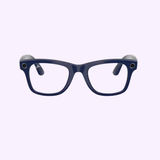 A pair of Ray-Ban Meta Gen 2 - RW4012 601CH52 Shiny Cosmic Blue smart sunglasses with a dark blue rectangular frame and black temple tips, featuring small circular sensors or cameras near the hinges, is displayed on a light purple background.