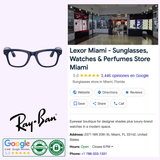 Screenshot of a Google listing for Lexor Miami - Sunglasses, Watches & Perfumes Store featuring Ray-Ban Meta Sunglasses branding, an eyeglass graphic, store photo, contact info, and Google rating details. The display highlights the availability of innovative products like the Ray-Ban Meta Gen 2 - RW4012 601CH52 Shiny Cosmic Blue (UPC 8056262721438) alongside traditional eyewear.