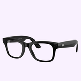 A pair of Ray-Ban Meta Wayfarer 0RW4012 601/1M53 eyeglasses from Ray-Ban Meta Sunglasses, featuring integrated cameras and advanced AI capabilities in the frames, are displayed on a light purple background.
