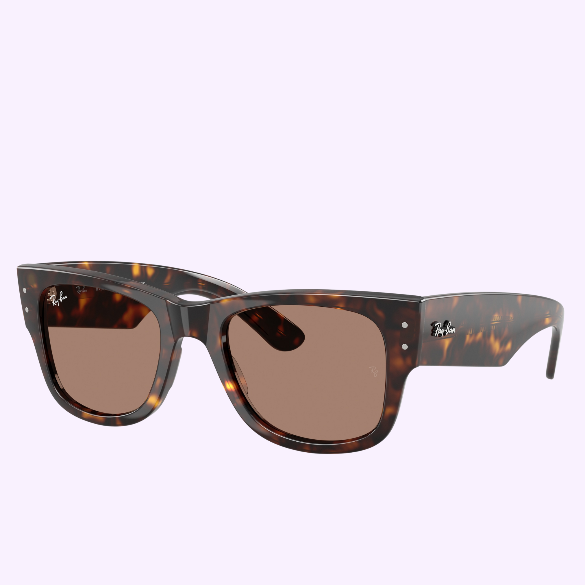 Ray-Ban Sunglasses 0RB0840S 902/1A51 with brown lenses, classic square frame, and Ray-Ban logo on the arms and lens, shown on a light purple background. Model: 8056262484753.