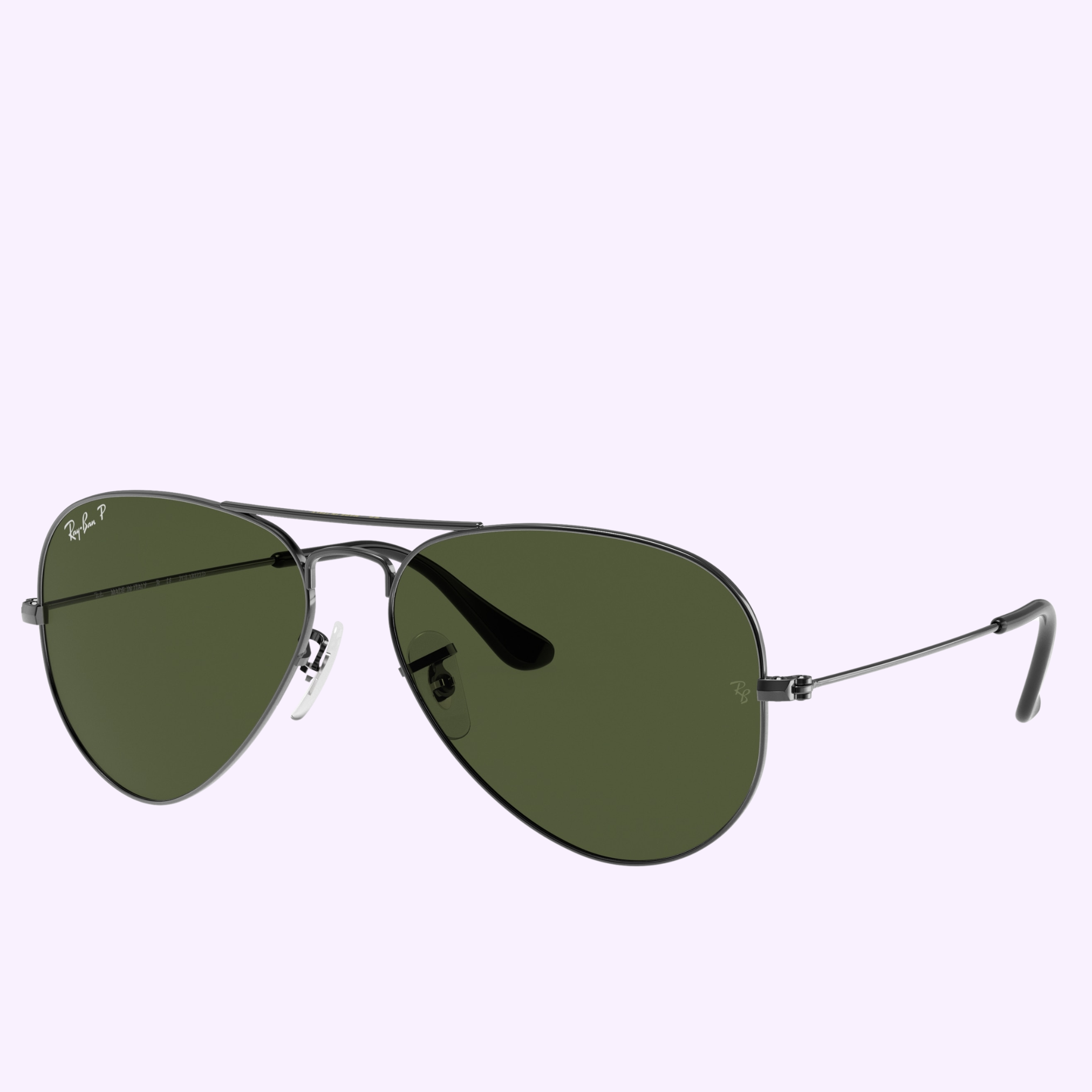 A pair of Ray-Ban Sunglasses 0RB3025 004/5858 with dark green polarized lenses and thin black metal frames is displayed on a light purple background.
