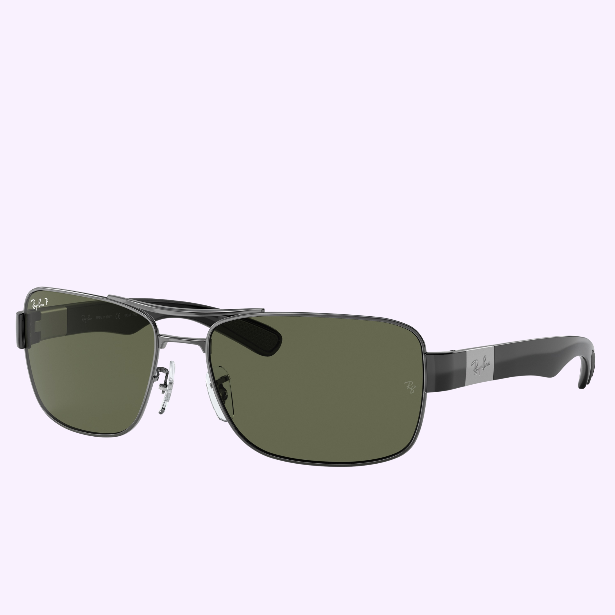 Ray-Ban Sunglasses 0RB3522 004/9A64 featuring a black rectangular frame, green-tinted lenses, metal bridge, and thick arms with a silver Ray-Ban logo, shown on a light purple background.