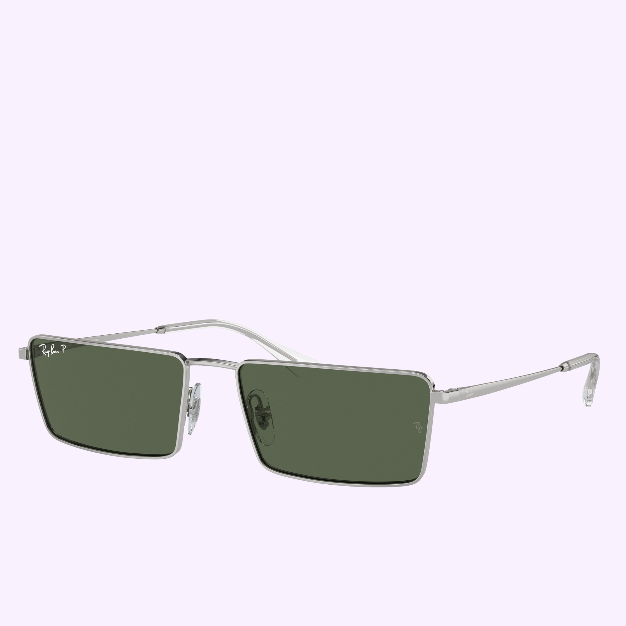 Ray-Ban Sunglasses 0RB3741 003/9A56 feature a silver rectangular design with dark green lenses, thin metal frames, and the Ray-Ban logo on the top left of the left lens, shown against a pale purple background.