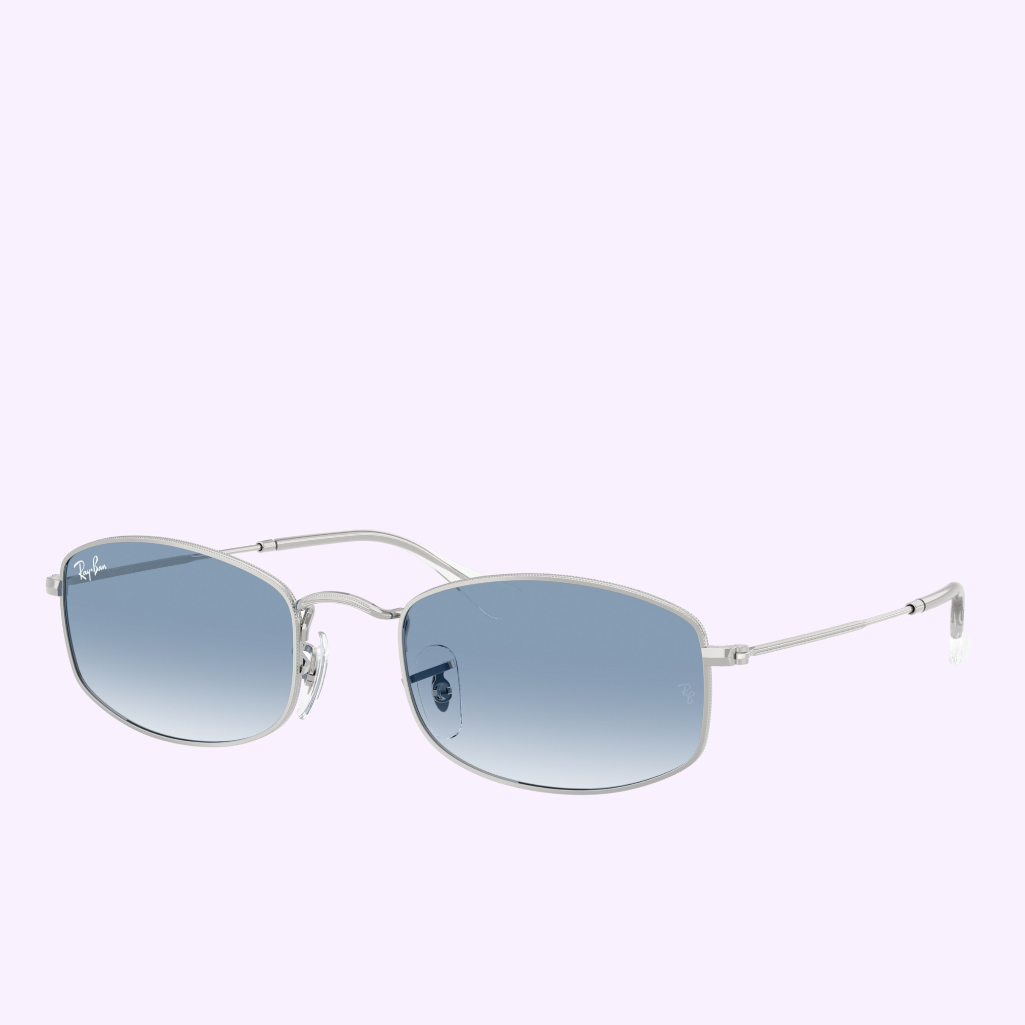 Ray-Ban Sunglasses 0RB3832 003/3F55 in silver with blue gradient oval lenses and thin metal arms, displayed on a light lavender background.