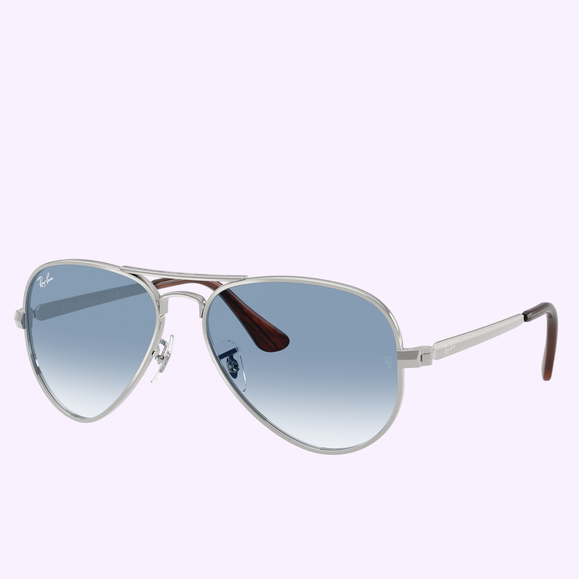Ray-Ban Sunglasses 0RB3925 003/3F62 feature aviator-style silver metal frames, blue gradient lenses, and brown temple tips, shown against a light purple background.