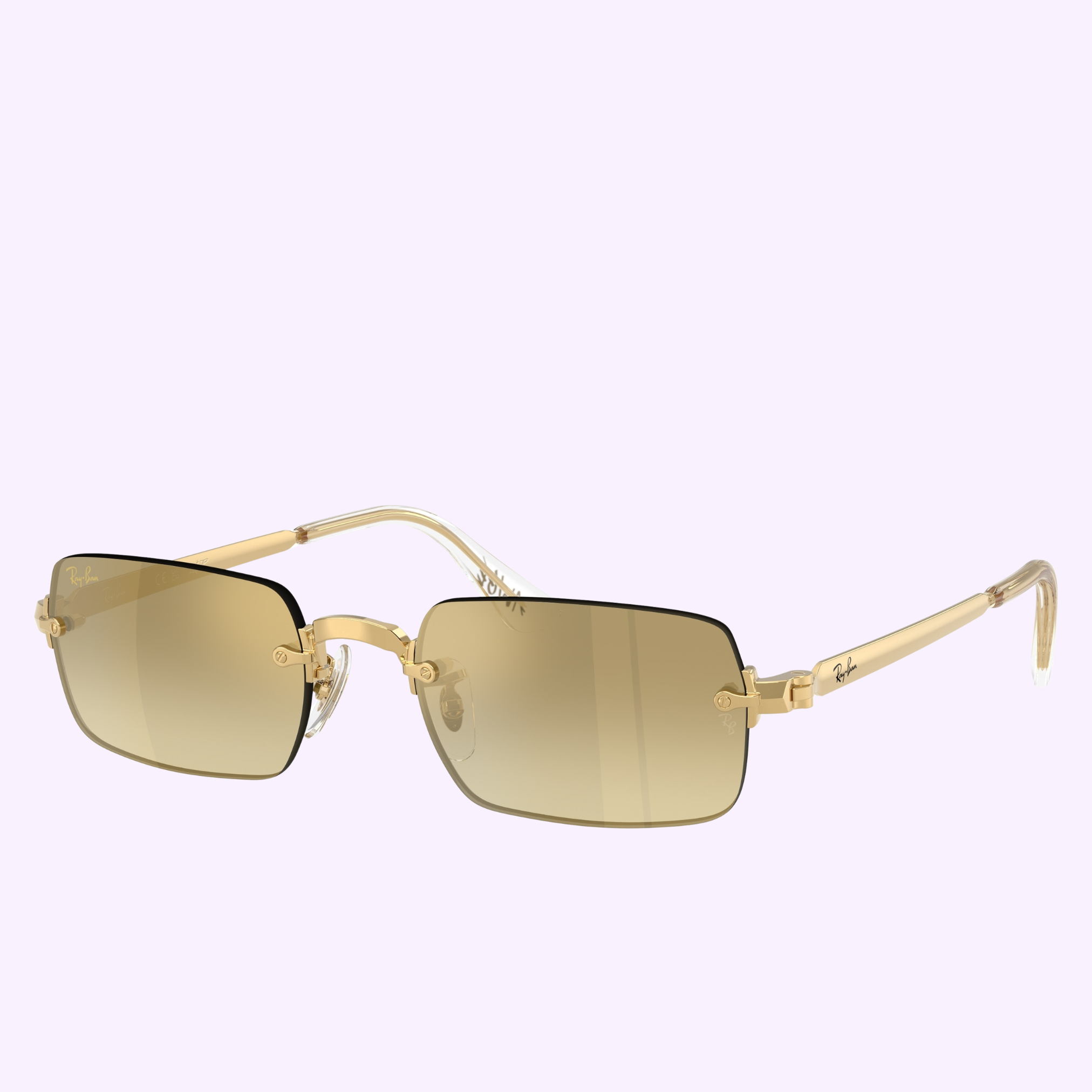 Ray-Ban Sunglasses 0RB3928 001/7I54 with rectangular brown gradient lenses and thin gold arms, shown on a light purple background.