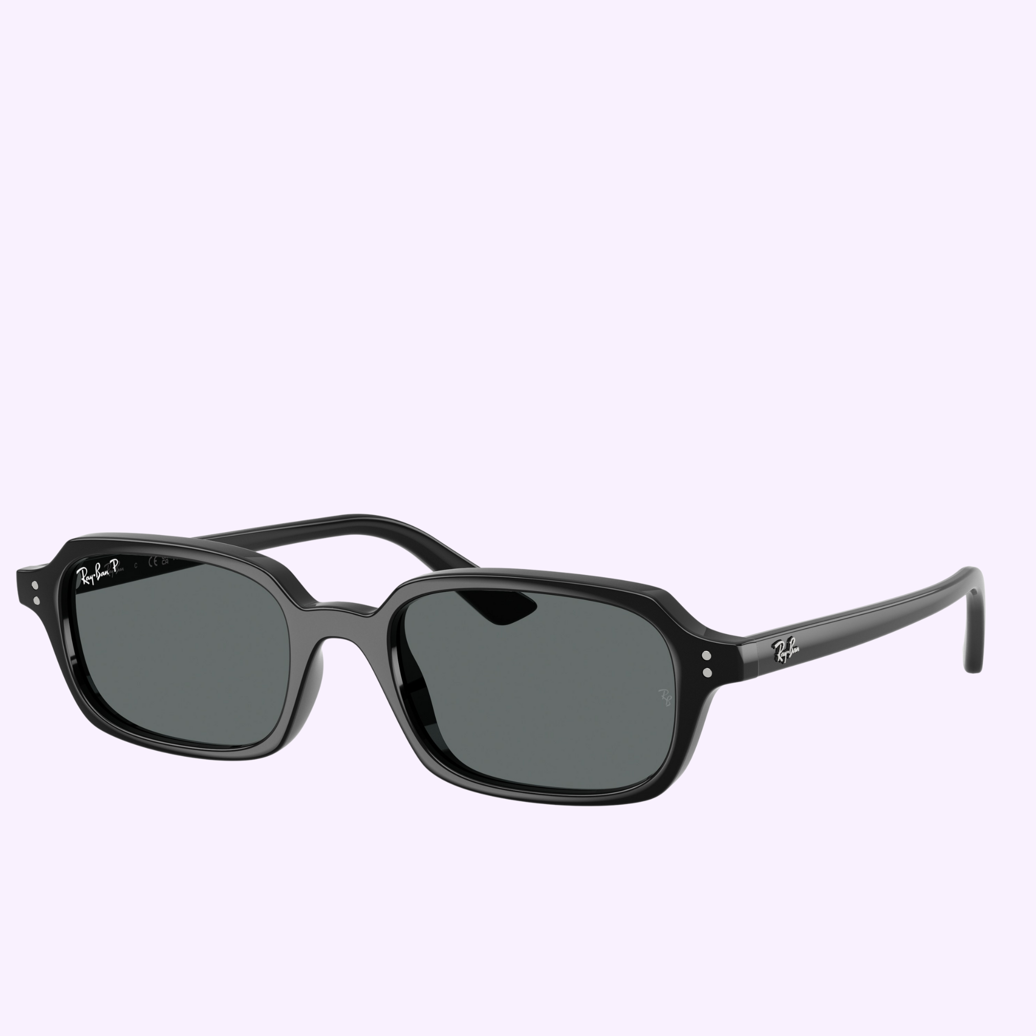Ray-Ban Sunglasses 0RB4455 66778152 in a sleek black rectangular design with dark lenses and glossy frame, featuring the white Ray-Ban logo on the lens and arms, shown against a light purple background.