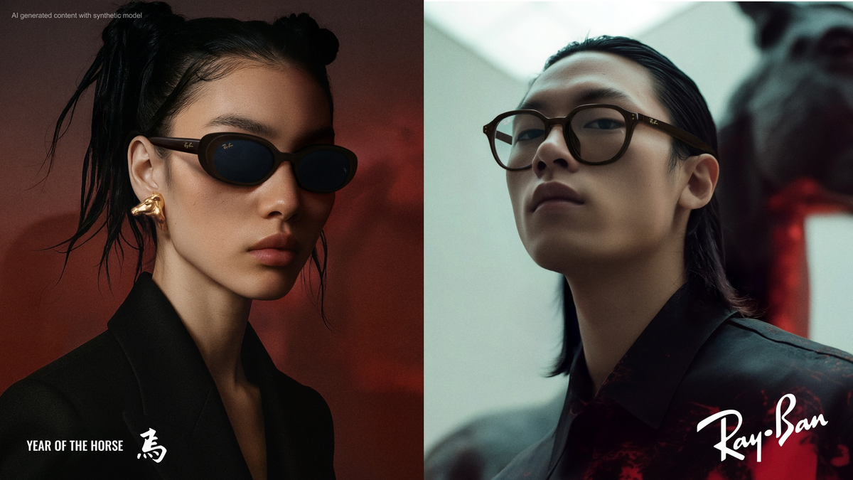 Split image of two stylish Asian models: left wears black oval sunglasses, gold earrings, black jacket, with Year of the Horse text; right wears brown glasses, dark shirt, with Ray-Ban logo. Contemporary, fashionable setting.