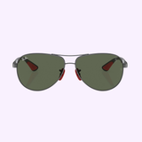 A pair of Ray-ban 0RB8313M F00871 61 Unisex Sunglasses by Ray-Ban Sunglasses with dark green lenses, red nose pads, and thin gray frames is displayed on a light purple background.