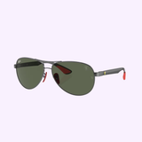 Ray-ban 0RB8313M F00871 61 Unisex Sunglasses by Ray-Ban Sunglasses feature dark green lenses, a thin metal frame, and red temple tips—stylish for any occasion, shown on a light purple background.