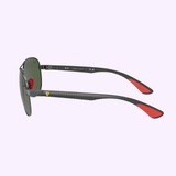 Ray-ban 0RB8313M F00871 61 Unisex Sunglasses by Ray-Ban Sunglasses feature green lenses, black frames, carbon fiber-patterned arms with red tips, and a yellow shield logo—styled on a light purple background.
