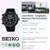 A Seiko Prospex Men Watches SNJ028 by Seiko Watches is pictured next to a Google listing for Lexor Miami, a store in Miami, FL offering sunglasses, watches, and perfumes with ratings, hours, contact number, and address shown.