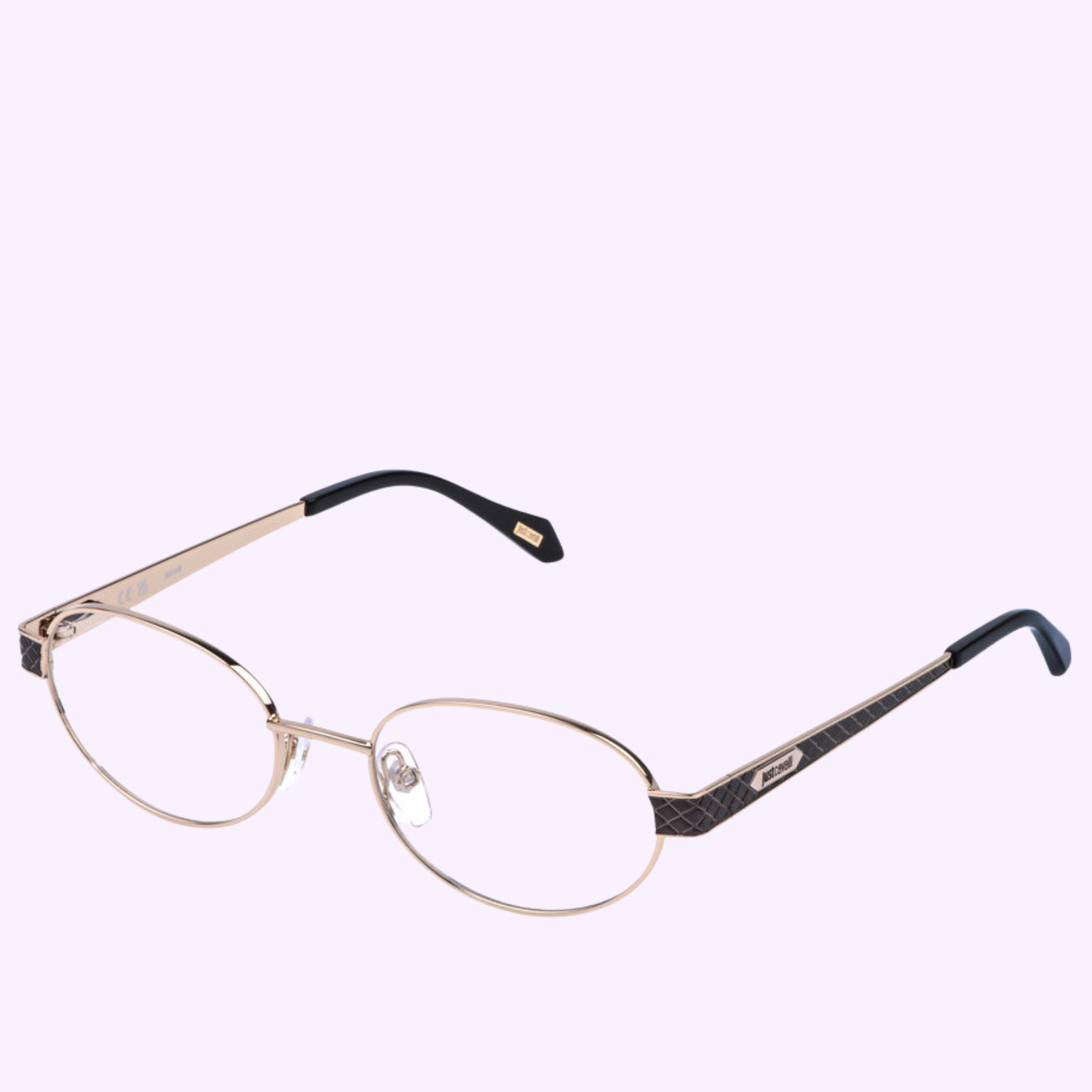 The Roberto Cavalli Optical Frames VJC168 530E91 feature thin gold metal frames and dark textured temples, shown on a light purple background—a stylish choice for any luxury eyewear collection from Roberto Cavalli Sunglasses.