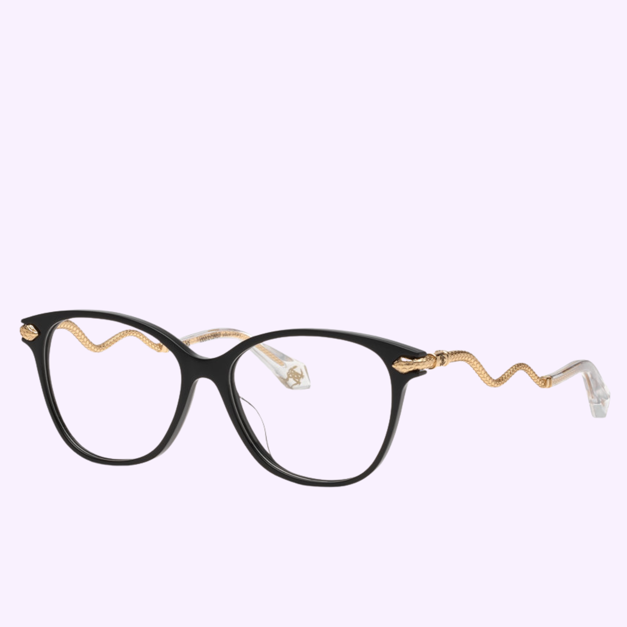 Roberto Cavalli Optical Frames VRC121 540700 feature black cat-eye fronts with gold, wavy snake-shaped arms and clear tips, capturing luxury fashion by Roberto Cavalli Sunglasses—shown on a light purple background.