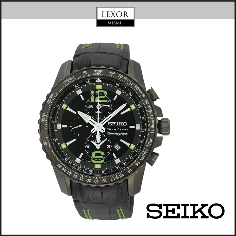 Seiko SNAE97 Preto Couro Sportura Aviation Chronograph Relógios Masculinos Lexor Miami