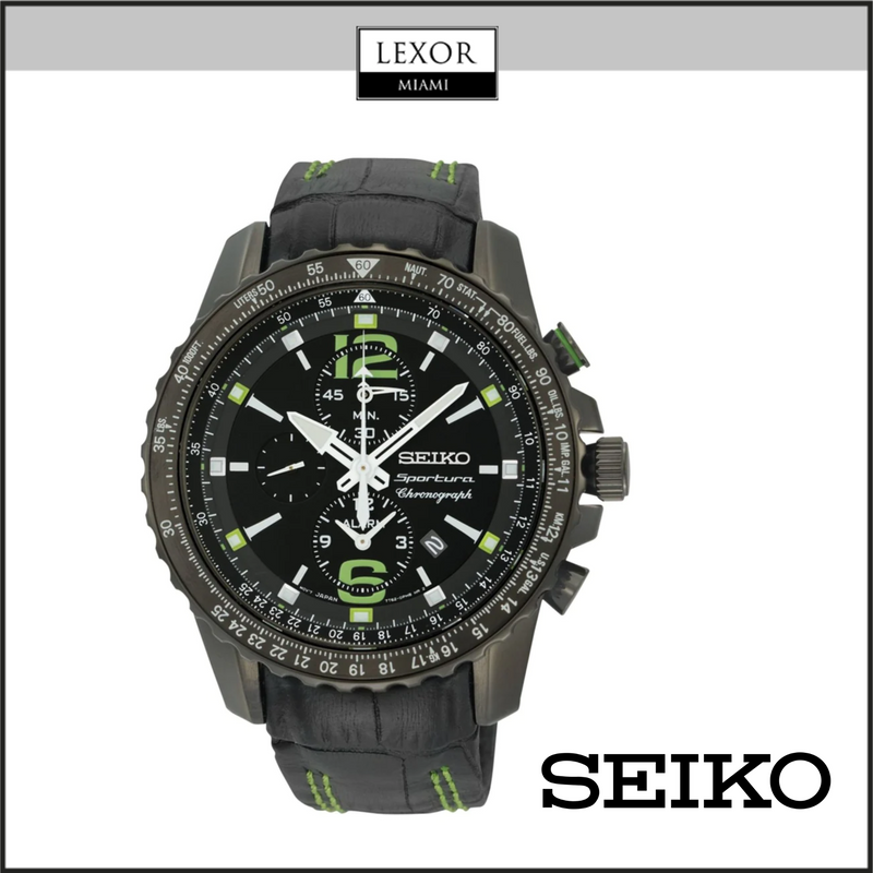 Seiko SNAE97 Black Leather Sportura Aviation Chronograph Men Watches Lexor Miami