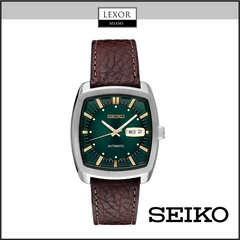 A Seiko SNKP27 Men's Recraft Automatic watch by Seiko Watches, featuring a green dial and brown leather strap, is shown on a white background with the Lexor Miami and Seiko logos.