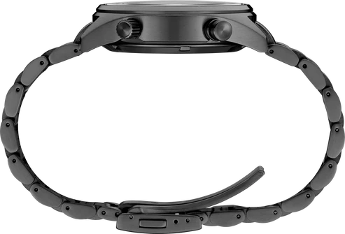 Side view of the Seiko Watches Chronograph Solar SFJ007 with a linked band, displaying the case, two side buttons, and a partially open clasp—a sleek Limited Edition from Seiko Watches for the Speedtimer World Athletics Championship.