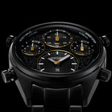 Close-up of the Seiko Watches Chronograph Solar SFJ007, a black limited edition wristwatch with three gold-accented subdials, push buttons, and textured dial. Features Seiko and Prospex logos. Made for the Speedtimer World Athletics Championship.