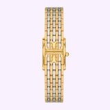 The Tory Burch Watches THE ELEANOR TBW1066 for women features a gold and silver metal wristwatch with a rectangular face, showcasing a two-tone linked bracelet and minimalist design powered by precise quartz movement, elegantly displayed against a light purple background.