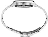 Side view of the Seiko Luxe Watches PROSPEX ALPINIST SPECIAL EDITION SPB289 featuring a stainless steel link band, closed clasp, and round case, highlighting Japanese craftsmanship and a sleek silhouette against a white background.
