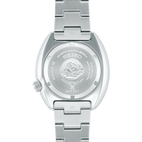 Back view of the Seiko Luxe Watches Prospex Diver SS SRPK01, featuring a stainless steel engraved case back with Seiko branding, wave design, special edition details, and 200m water resistance.