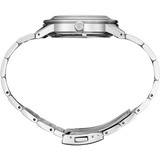 Side view of the Seiko Watches SSA425 Presage Style60's men’s watch showing its round case, flat crystal, right-side crown, and open stainless steel strap with clasp.