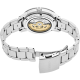 A close-up of the back of a Seiko SSA425 Presage Style60's men’s watch by Seiko Watches, featuring a stainless steel strap, visible automatic movement, and engraved case back details.