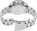 A close-up view of the back of a Seiko Watches Speedtimer Solar Chronograph SSC931 with a stainless steel band, featuring the engraved case back and partially open clasp.