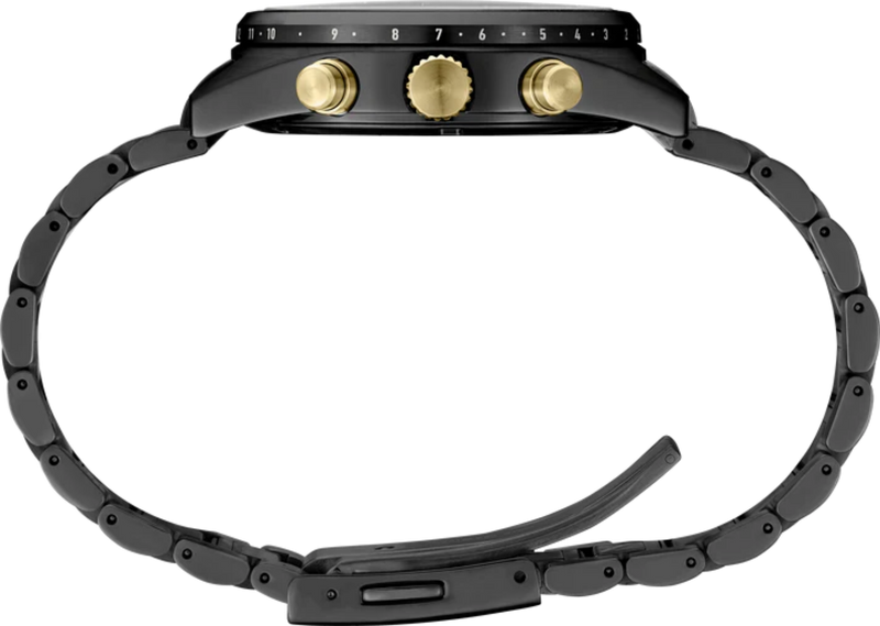 Side view of the Seiko Speedtimer SSH169 showing black segmented bracelet, gold-tone pushers and crown, and numbered bezel