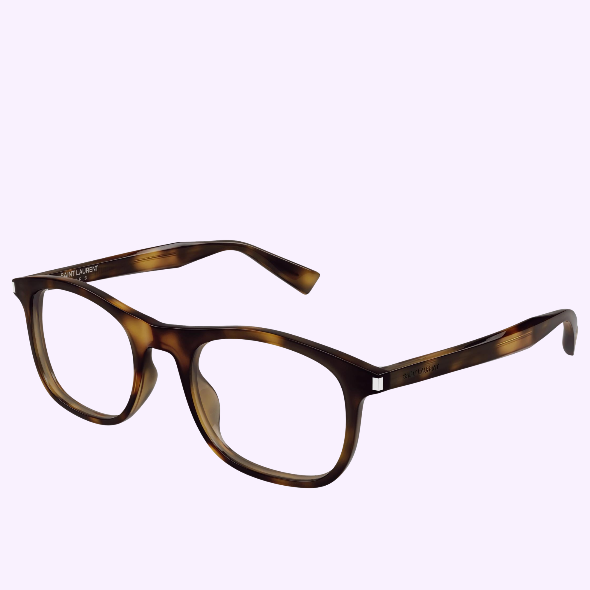 A pair of Saint Laurent Optical Frames SL 811-002 52 eyeglasses with rectangular lenses, showcased against a plain light purple background. The thick tortoiseshell frames feature a subtle glossy finish, capturing the refined elegance characteristic of Saint Laurent Sunglasses luxury eyewear.