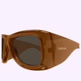 Close-up of brown Saint Laurent Sunglasses SL 902 HOWL-017 63, featuring thick frames and dark lenses with the brand’s logo on the temple—an exquisite piece of luxury eyewear set against a light background.