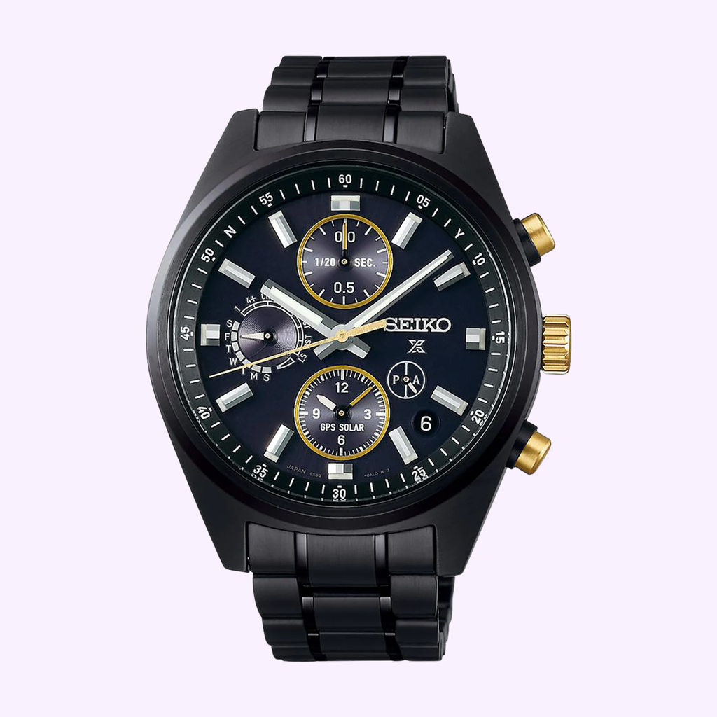 Seiko Speedtimer SSH169 100th Anniversary Limited Edition Seiko Prospex Speedtimer SSH169 100th Anniversary limited edition GPS Solar chronograph with black dial and gold-tone accents, angle view